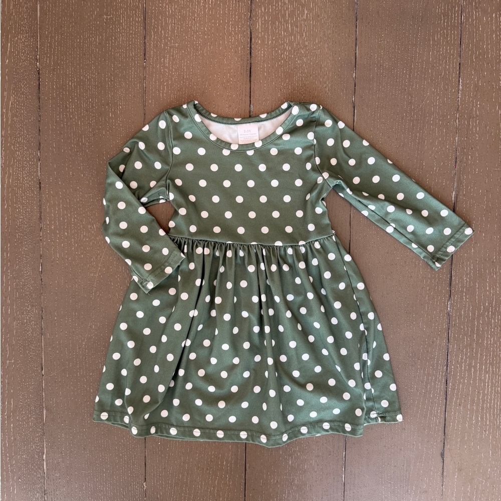 Toddler Girls’ Long-Sleeve Boho Olive Green Polka Dot Twirl Dress • Size 2-3Y
